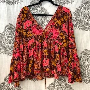 Patterned Deep V Bell Sleeve Top